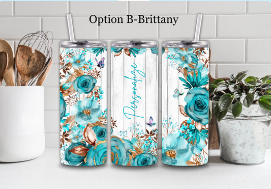 20 Oz Teal Flower Personalized Tumbler